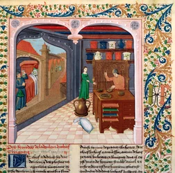Fr 218 fol.111 En patient i sin säng och en apotekare som förbereder medicin, från Le Livre des Proprietes des Choses av Barthelemy lAnglais