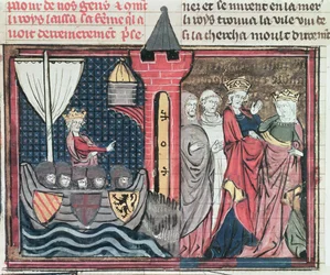 Fr 22495 Fol.101 Baldwin I korsar floden Jordan och avstår från sin fru, från Le Roman de Godefroy de Bouillon, 1337