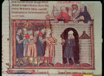 Ms Fr 22495 f.32v 1:a korståget. Överlämnande av Tarsus till Tancred de Hauteville, 1097, från Le Roman de Godefroi de Bouillon