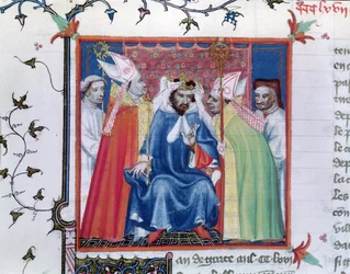 Handskrift Fr. 2608, fol. 335v: Kröningen av Filip III (1245-85), ur Grandes Chroniques de France, cirka 1400