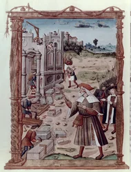 Ms Fr 2820 fol.115v Charlemagne (742-814) Leder konstruktionen av Aix-la-Chapelle, från Recueil Summary des Chroniques Francaises av Guillaume Cretin (1460-1525)