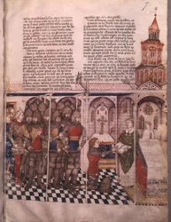 Fr 343 fol. 7 Jakten på den heliga gralen och Arthurs död, riddare som avlägger ed