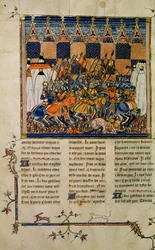 Fr. 352 fol. 49v Battle scene, från biografin om Godefroi de Bouillon, A History of Western Saints
