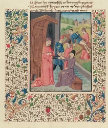 Ms Fr 396 fol.80v En läkare som behandlar frakturer, från La Grande Chirurgie av Guy de Chauliac