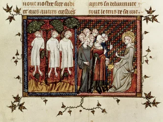 Fr. 5716 fol.246 St Louis uttalar dom och fördömer Enguerrand de Coucy (1228-1311) för att ha hängt tre unga adelsmän, från Life and Miracles of St. Louis, ca 1330-40
