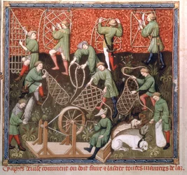 Ms Fr 616 fol.53v Män med nät, från Livre de la Chasse av Gaston Phebus de Foix (1331-91) tidigt 1400-tal
