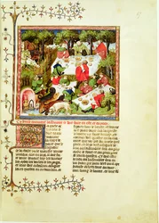 Fr 616 fol.67 Jägare festar före svensexa, från Livre de la Chasse av Gaston Phebus de Foix (1331-1391)