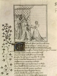 Fr 848 fol.1 Christine de Pisan (1364-1430) presenterar sitt arbete för Louis, hertig av Orleans (1372-1407) från Otheas brev till Hector av Christine de Pisan, ca 1405