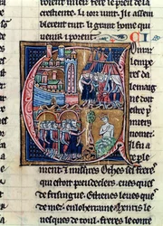 Fr 9081 fol.206 Historikert initial C föreställande Conrad III (1137-52) kejsare av Tyskland och Ludvig VII (1120-80) kung av Frankrike, belägrade Damaskus 1148, från Histoire de Jerusalem av William of