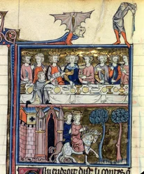 Fr 95 f.326 Kung Arthur och hans riddare runt bordet, från lHistoire de Merlin, c.1280-90