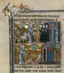 Fr 95 f.4v Eremit och odjur, från lHistoire du Saint Graal, c.1280-90