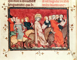 Ms Fr fol.48 Kungen dikterar sina timmar när han rider på en häst, från Life and Miracles of St. Louis, ca 1330-40