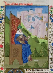Ms H 7 fol.114r Nahum tillkännager förstörelsen av Nineve, från Bibeln av Jean XXII