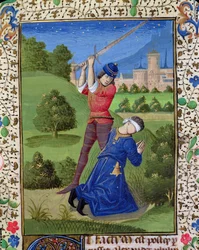 Ms H 7r Halshuggningen av Alexander I Balas, från Jean XXII:s bibel