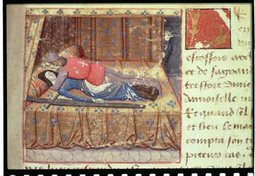 Ms Hunter 252 f.12r En sängscen, från "Les Cent Nouvelles Nouvelles