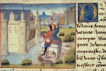 Ms Hunter 252 f.169v vallgrav runt en stad, från Les Cent Nouvelles Nouvelles, 1462