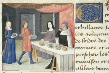 Ms Hunter 252 f.173v Meal, från Les Cent Nouvelles Nouvelles, 1462