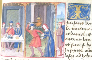 Ms Hunter 252 f.193r Meal, från Les Cent Nouvelles Nouvelles, 1462