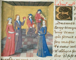 Ms Hunter 252 f.19r Musik och uppvaktning, från Les Cent Nouvelles Nouvelles, 1462