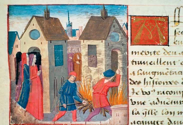 Ms Hunter 252 f.75v Bränna ett hus, från Les Cent Nouvelles Nouvelles, 1462