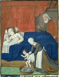 Ms Hunter 36 f.10v Jungfru Marias födelse, från Vita Christi, av Ludolf av Sachsen, c.1300-7778