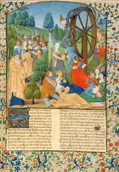 Ms Hunter 371 f.1r Dame Fortune och offren som faller från hennes hjul, från Boccaccios "Prinsarnas fall