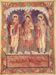 Ms. Lat. 1141, fol. 2v: Karl II:s kröning (823-877) med ärkebiskoparna av Reims och Trier, ur Metz-sakramentariet