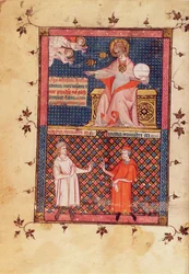 Ms Lat 14023 fol.1v Gud skapar medicin och ger kunskap till läkarna, från medicinkanonen av Avicenna (Ibn Sina) (980-1037) översatt av Gerard de Cremone (1114087) c.1320