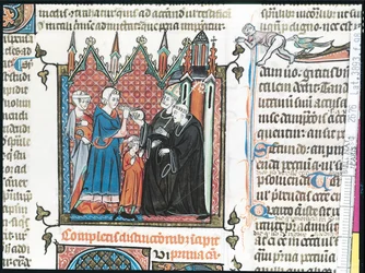 Ms Lat 3893 Fol.98 Föräldrar erbjuder en biskop pengar för att ta med sin son till klostret, 1314