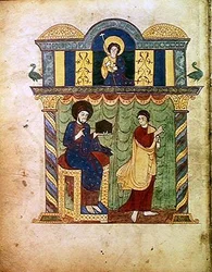 Ms Lat 8878 fol.1v Jesus presenterar evangeliet för St. Matteus, från en kommentar till apokalypsen av den asturiske munken Beatus av Liebana (c.776) c.1028-72 (vellum)