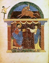 Ms Lat 8878 fol.3v Jesus præsenterer evangeliet for St. Lukas, fra en kommentar til apokalypsen af den asturiske munk Beatus af Liebana (ca. 776) c.1028-72 (vellum) sverige