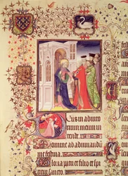 Ms Lat 919 fol.96 Jean de France, Duc de Berry leds av St. Peter in i himlens portar med en historisk initial `D av St. Peter och Jean de Berry vid bön, från Grandes Heures de Duc de