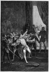 Mordet på David Rizzio (Davide) i närvaro av Maria Stuart (Maria I) (1542-1587) - gravyr i „L