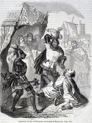 Mordet på hertigen av Burgund, Jean sans Peur, på bron i Montereau år 1419 - i “Histoire de France” av L.-P. Anquetil