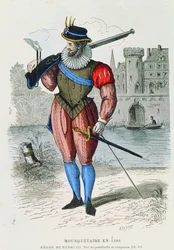 Musketör 1586, illustration från Costumes de Paris a travers les siecles av H. Gourdon de Genouillac, graverad av A. Renard (färgstick)