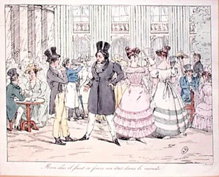 "Min kära vän, man måste hitta en position för sig själv i världen", karikatyr av "Cafe de la Rotonde" på Palais Royal, tidigt 1800-tal (färgad gravyr)