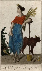 Myth of the Ages of Humanity: representation av Silver Age, som en ung kvinna som håller en krans av vete nära en plog och en serpe. (Silveråldern avbildad som en ung kvinna, som håller i en kärve och står vid en plog och en krok). Från "Mythology of Youth