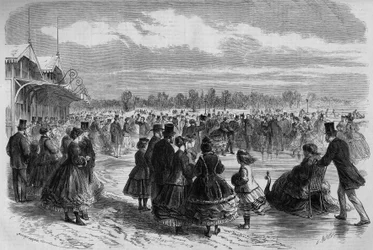 Napoleon III (1808-1873) och kejsarinnan Eugenie de Montijo (1826-1920) på skridskoklubben Bois de Boulogne i Paris. Gravyr i ""Le Monde Illustre"" nr 511 av 26 januari 1867.