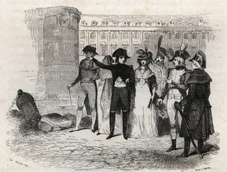 Napoleon går med Madame Tallien, född theresa Cabarrus, prinsessan av Caraman, prinsessan av Caraman Chimay (1773 - 1835) Place Vendome i Paris - gravyr i "Les rues de Paris". Gamla och moderna Paris: ursprung, historia, monument, kostymer, moral, chroni