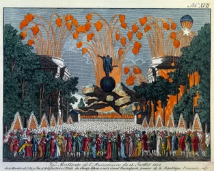 Nationalfesten den 14 juli 1801 på Champs-Élysées i Paris: fyrverkerier intar stjärnans plats på Champs-Élysées i Paris. Tryck från 1801, Paris, Musée Carnavalet