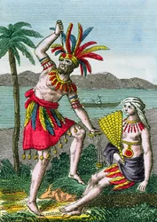 Infödda invånare på Marquesasöarna, illustration från Histoire des Voyages Autour du Monde av J. Dufay, publicerad av Courvalet & Co., Paris, 1826 (färgstick)