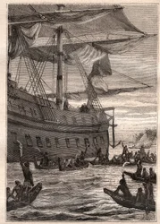 Ursprungsbefolkningen höll bananträdens grenar i handen: Samuel Wallis resa (1728-1795) till Polynesien - ursprungsbefolkningen som håller bananens grenar som en välkomsthälsning - illustration hämtad från "The Great Mariners of the 18th century""