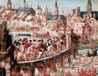 Nautiska utställningar anordnade av staden Rouen med anledning av kung Henrik II:s (1519-1559) och Catherine de Medicis (Caterina de Medici) (1519-1589) (1519-1589) kungliga entrén den 1/10/1550. Ryttare korsade Seine på bridge Saint Ouen (St Ouen bridge i