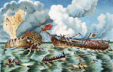 Sjöstrid mellan "Supervisante" och "Quebec", 6 oktober 1779 inte långt från Ouessant. Den franska fregatten leddes av kapten Du Couedic de Kergoaler, den engelska fregatten av kapten Farmer. Kromolitografi omkring 1890.