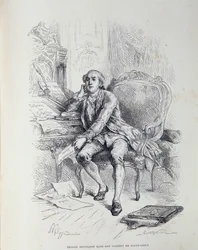 Necker på sitt kontor i Saint-Ouen, omgiven av anteckningar "Reform of Gabelles", "Taxes", "Abolition of Customs" etc.
