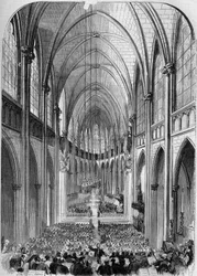 Neogotisk arkitektur: interiörvy av kyrkan Sainte Clotilde (1846-1857), i Paris, under dess invigning den 30 november 1857. Gravyr av Bertrand i "" Le Monde Illustré"" nr 34 av den 5 december 1857.