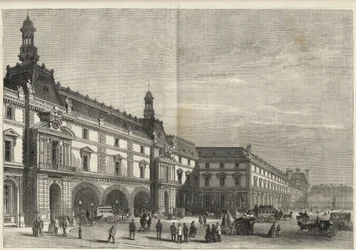 Nya byggnader av Tuilerierna på Place du Carrousel (gravyr) - Den nya Louvren - fasad på sidan av Place du Carrousel och Salle des Etats - gravyr från 1869