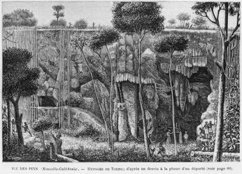 Nya Kaledonien, Isle of Pines, Hypogeum of Toupo, efter en penn- och bläckteckning av en deporterad, illustration från bulletinen Les Missions Catholiques, 1893