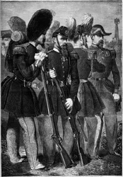 Nya uniformer för det franska imperialgardet 1860. Gravyr i "" Le Monde Illustré"" nr 165 av 9 juni 1860.