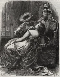 Fin hals! Att en bödel gärna skär av honom! Kung Henrik VIII av England (1491-1547) med sin hustru Catherine Parr (1512-1548). Gravyr från 1871 i "Histoire Des Cocus Celebres"" av Henry de Kock (1819-1892).